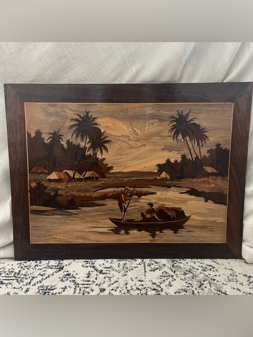 Vintage Handcrafted Wood Marquetry River Scene Wall Art